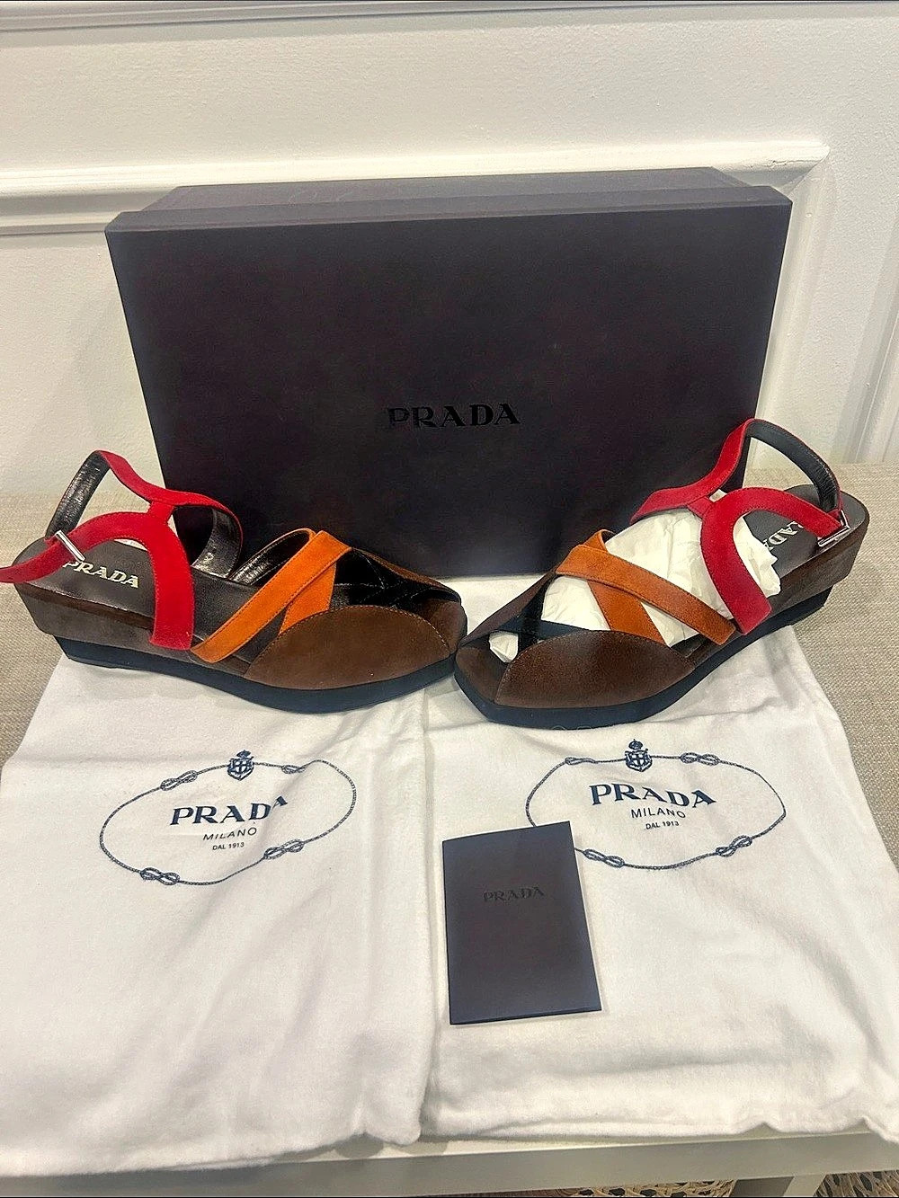 Prada Color Block Strap sandal wedge - beautiful brown, tan & maroon - sz 7.5
